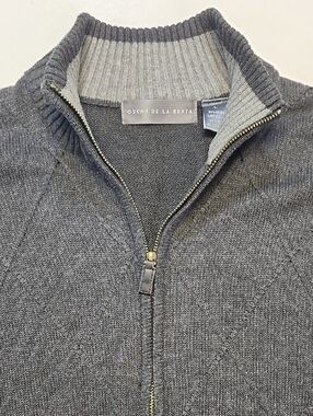 Oscar de la Renta Men's Large Dark Gray Full Zip-Up Knit Sweater Preppy King